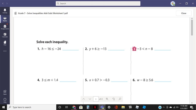 1. y+6> -13 2. -3 -0.3 5. w-8>5.6 Please show work-example-1