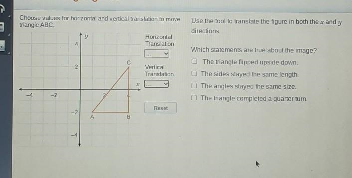 Choose values for horizontal and vertical translation to move triangle ABC. Use the-example-1