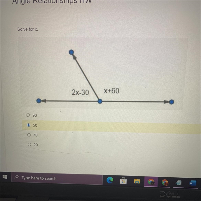 Solve for x. 2x-30/X+60 90 50 Ο 70 20-example-1