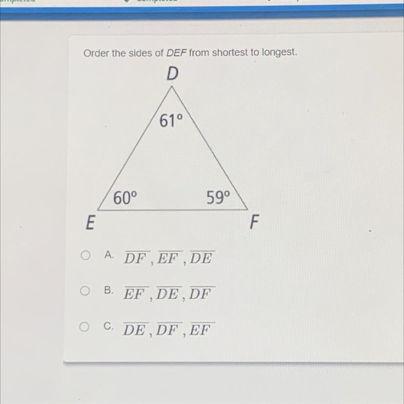 Order the sides of △DEF from shortest to longest-example-1