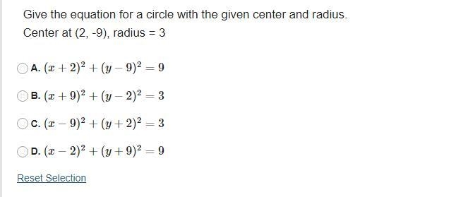 Give the equation for a circle with the given center and radius. Center at (2, -9), radius-example-1