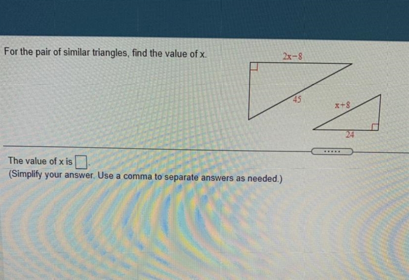 For the pair of similar triangles, find the value of x. 2x8 x+8 24 The value of x-example-1