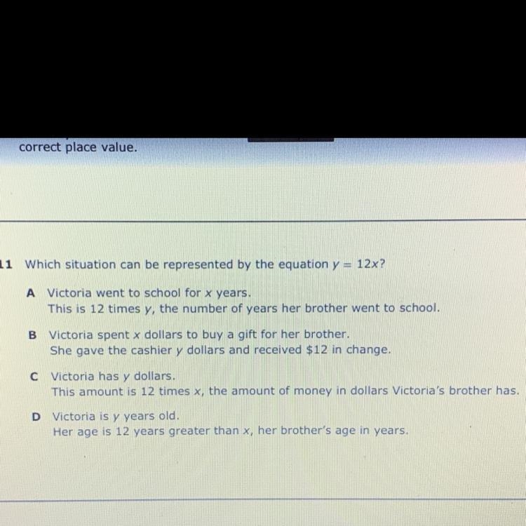 Which situation can be represented by the equation y 12x?-example-1