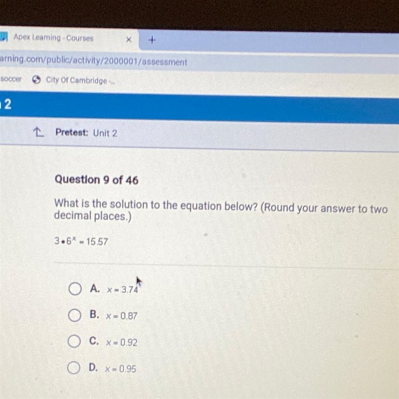 What is the solution to the equation below? (Round your answer to two decimal places-example-1