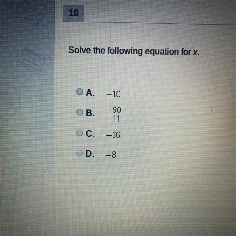 Solve the following equation for x. 11x– 1 = -89-example-1