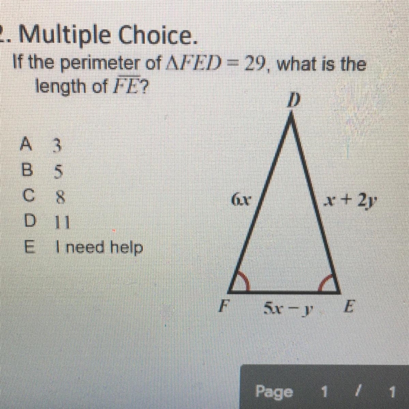 2. Multiple Choice. If the perimeter of AFED = 29, what is the length of FE? D A 3 B-example-1