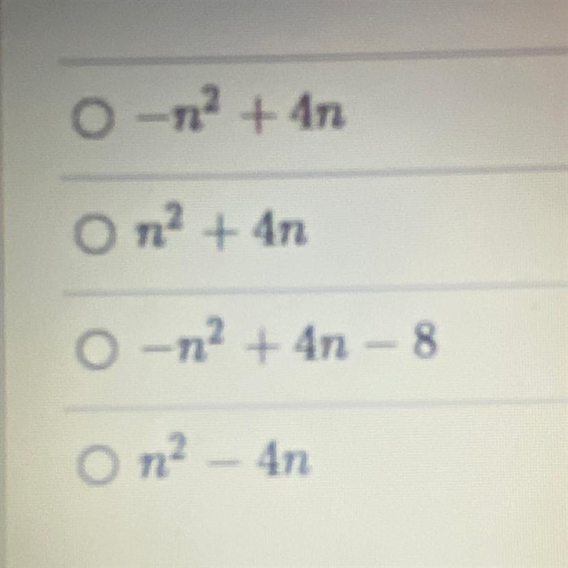 Perform the indicated operation. f(n) = 4n - 5, g(n) = n^2 - 5 Find: (f - g) (n)-example-1