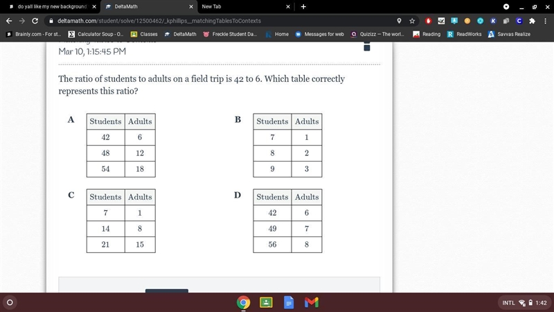 The ratio of students to adults on a field trip is 42 to 6. Which table correctly-example-1