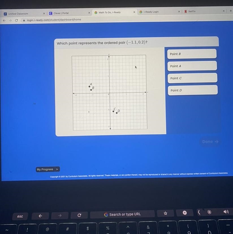 Which point represents the ordered pair (-1.1,0.2)? Point B Point A Point C A . B-example-1