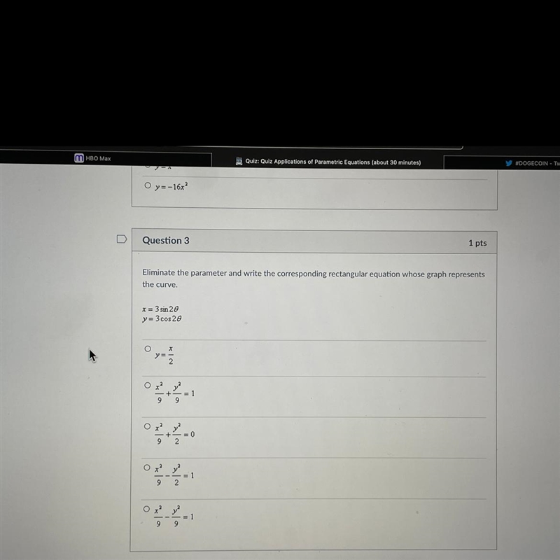 Eliminate the parameter and write the corresponding rectangular equation whose graph-example-1