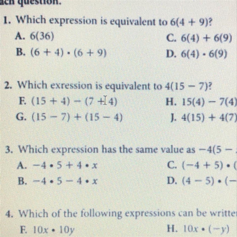 Which expression is equivalent to 6(4 + 9)? A. 6(36) C. 6(4) + 6(9) B. (6 + 4). (6 + 9) D-example-1