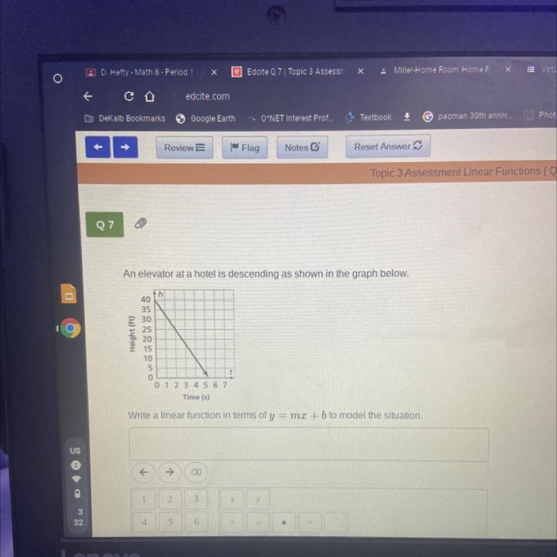 An elevator at a hotel is descending as shown in the graph below. Write a linear function-example-1