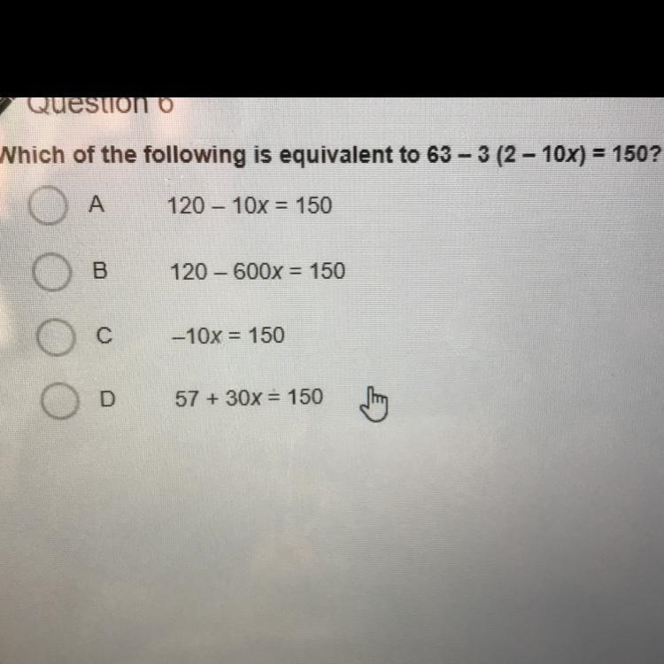 Which equation is equivalent to 63-3(2-10x)=150-example-1