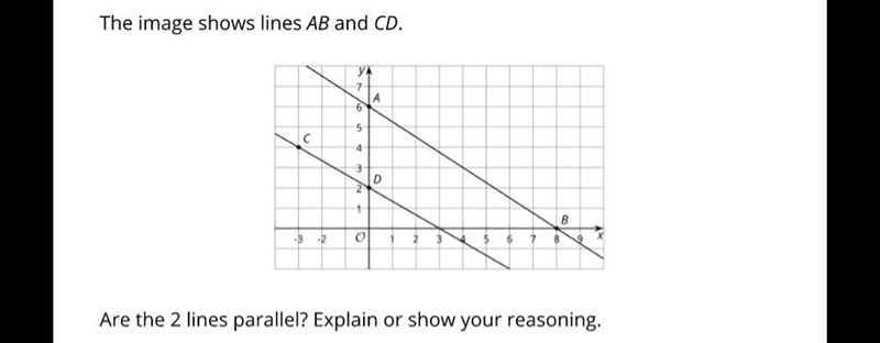 Are these two lines parallel , explain or show your reasoning ?-example-1