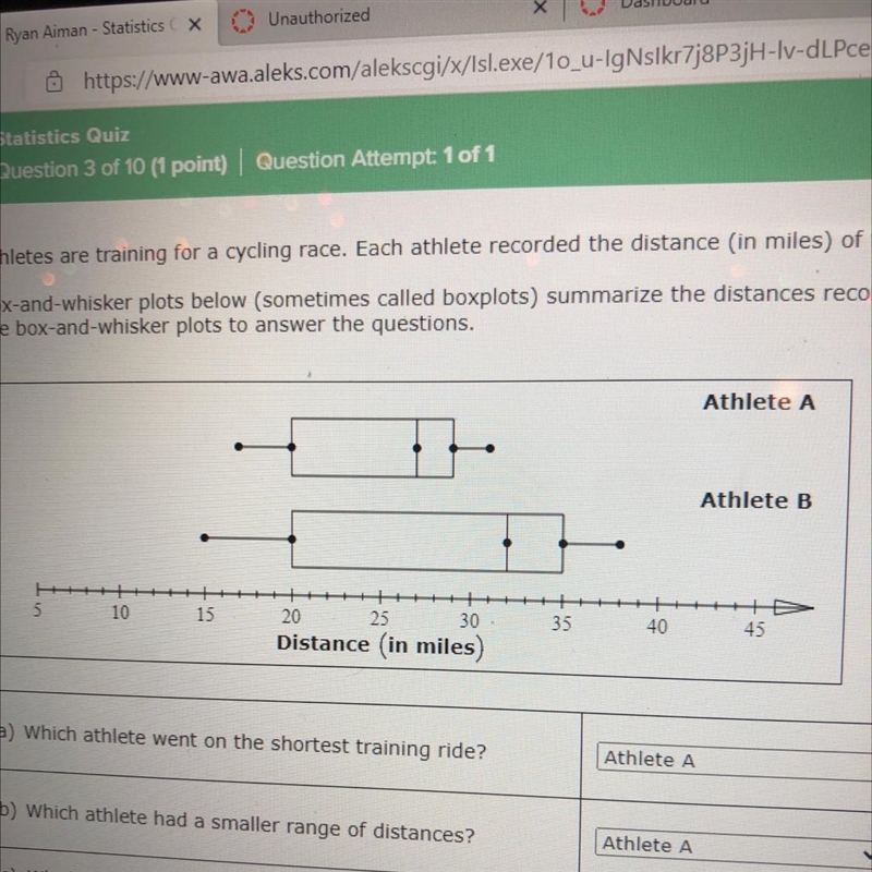 (d) Which athlete had a greater median distance? A or b-example-1