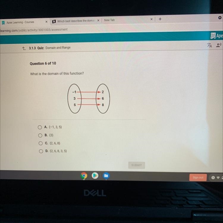 What is the domain of this function? A. {-1, 3, 5) B. {3} C. {2, 6, 8} D. {2, 6, 8, 3, 5)-example-1