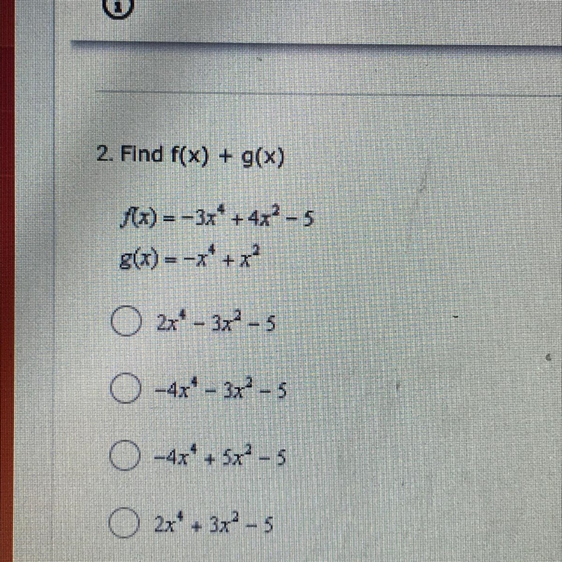 1. Find(x) + g(x) 4 options to pick from-example-1