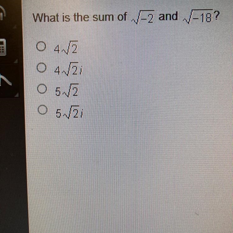 What is the sun of (square root of -2) and (square root of -18)-example-1