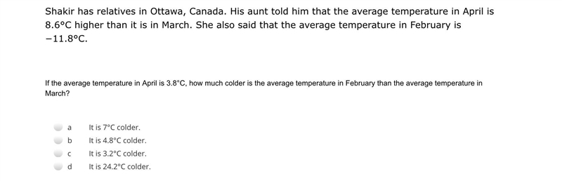 Shakir has relatives in Ottawa, Canada. His aunt told him that the average temperature-example-1