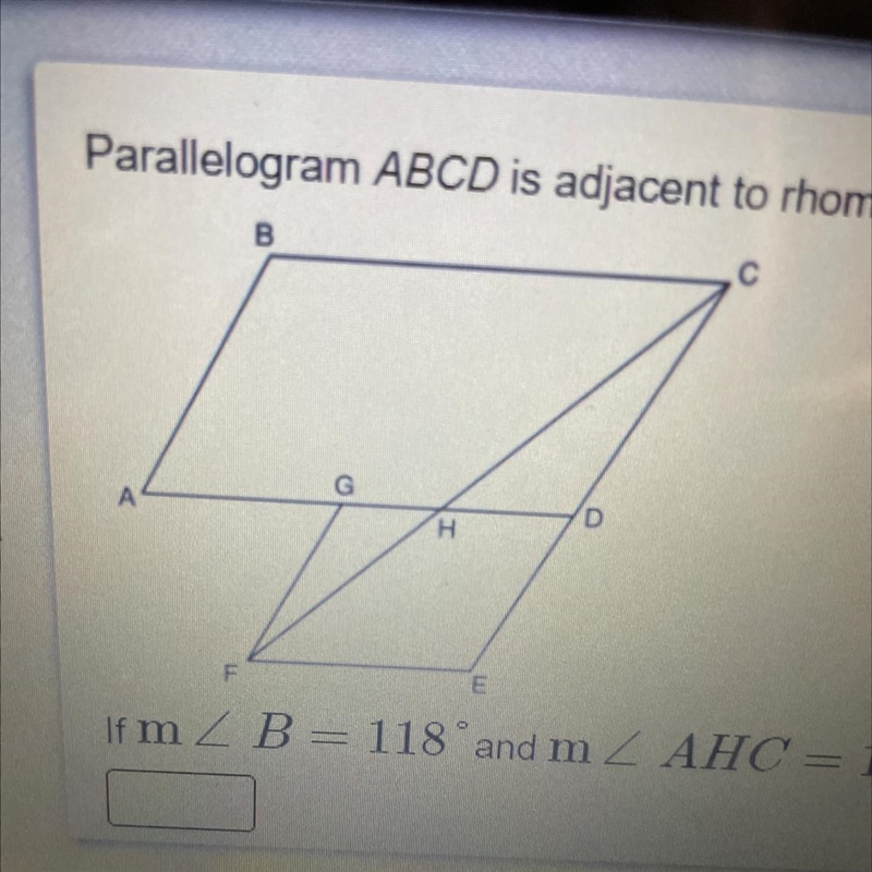 Parallelogram ABCD is adjacent to rhombus DEFG, as shown below, and FC intersects-example-1