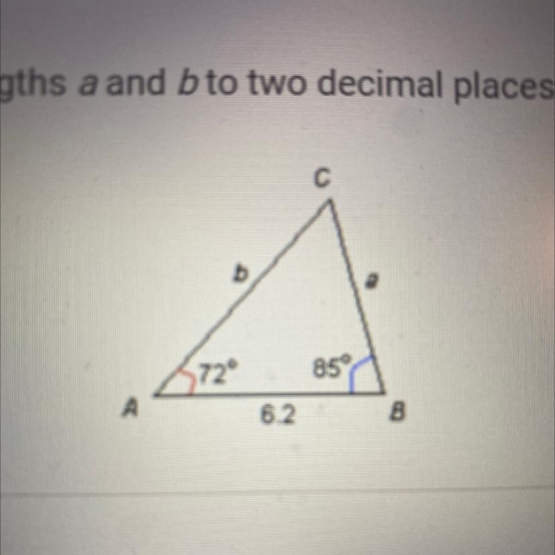 Calculate the side lengths a and b to two decimal places. O A. a = 2.55 and b = 2.43 O-example-1