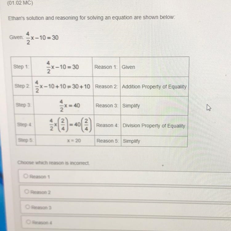 Ethans solution and reasoning for solving an equation are shown below: Given: 4/2x-example-1