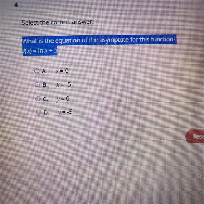 What is the equation of the asymptote for this function? f(x)=Inx+5-example-1