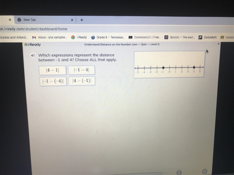 Which expressions represent the distance between -1 and 4? choose all that apply.-example-1