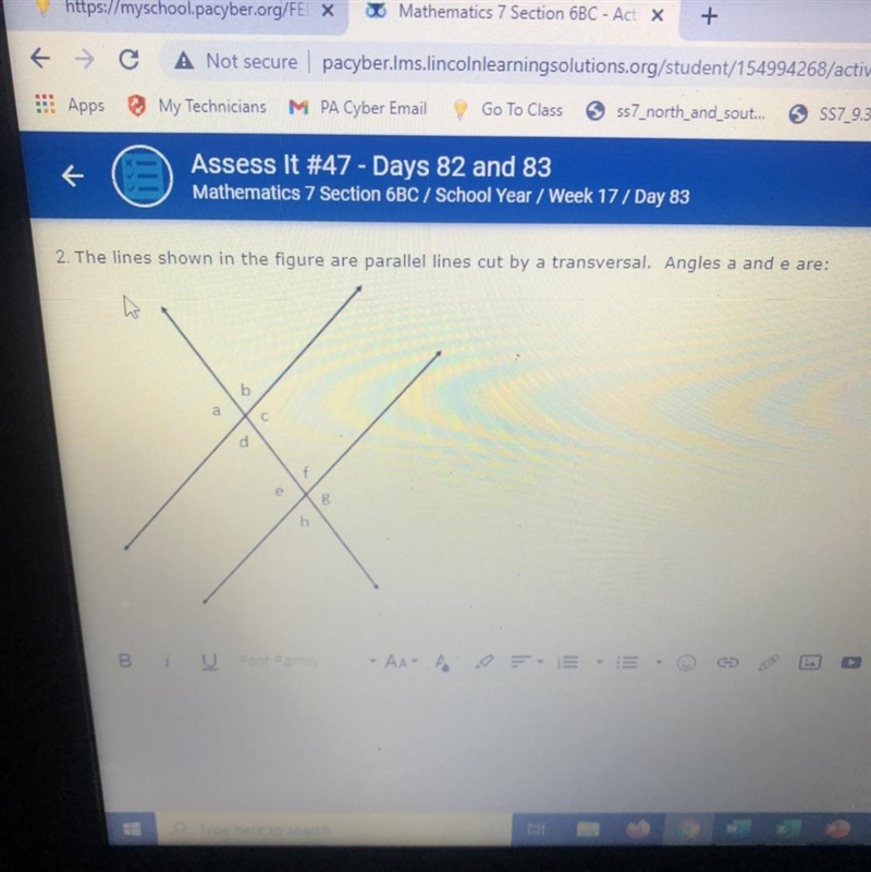 2. The lines shown in the figure are parallel lines cut by a transversal. Angles a-example-1