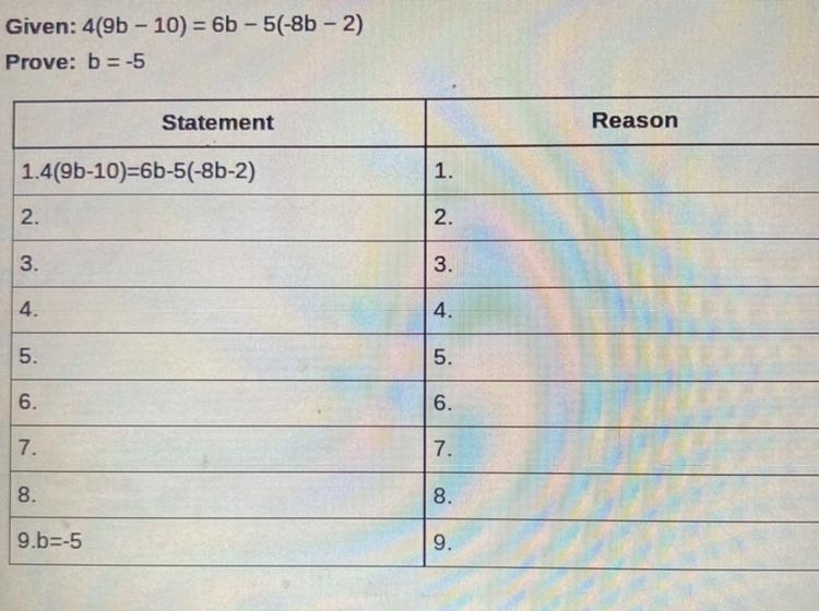 Given: 4(9b - 10) = 6b - 5(-8b - 2) Prove: b = -5-example-1