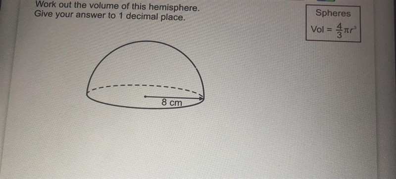 Volume of this hemisphere give answer to one decimal place-example-1