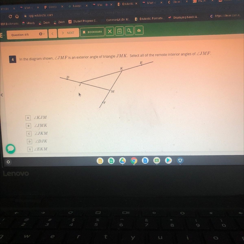 In the diagram shown, jmf is and exterior angle of triangle jmk. Select all of the-example-1