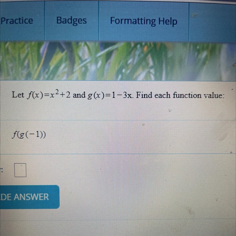 Let f(x)=r2+2 and g(x)=1–3x. Find each function value: f(g(-1))-example-1