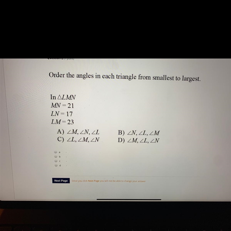 Order the angles in each triangle from smallest to largest.-example-1