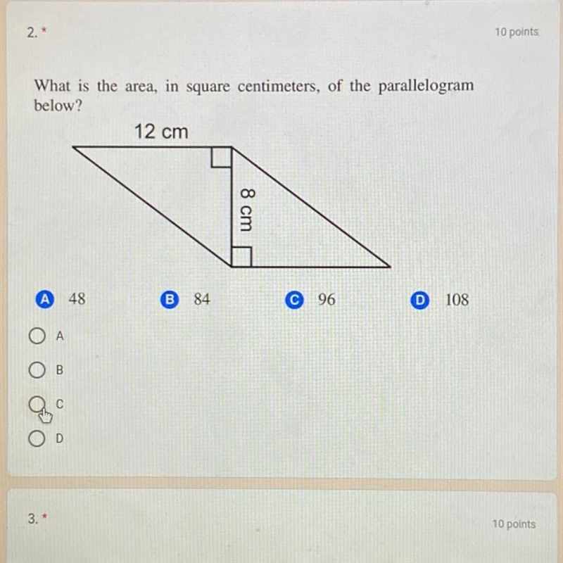 What is the area, in square centimeters, of the parallelogram below? 12 cm 8 cm A-example-1