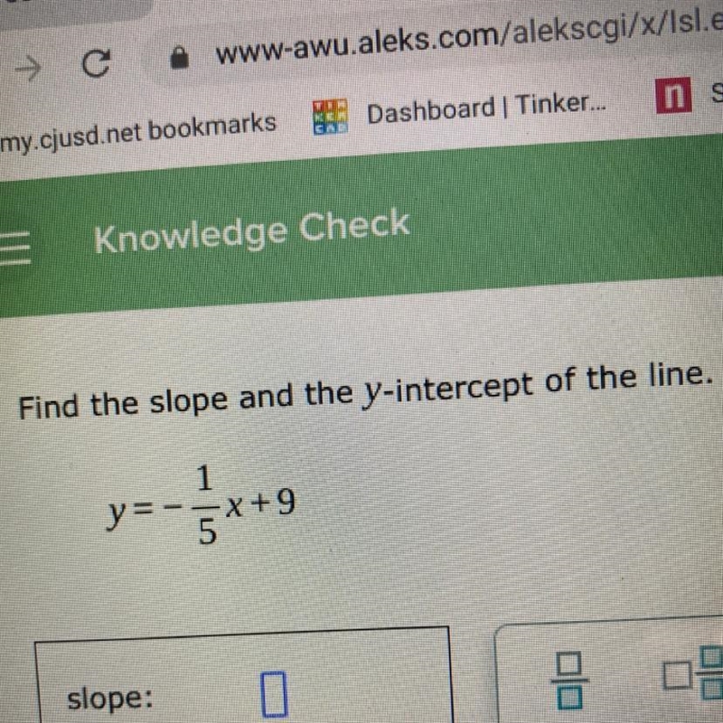 Find the slope and the y-intercept of the line y=-1/5*+9-example-1