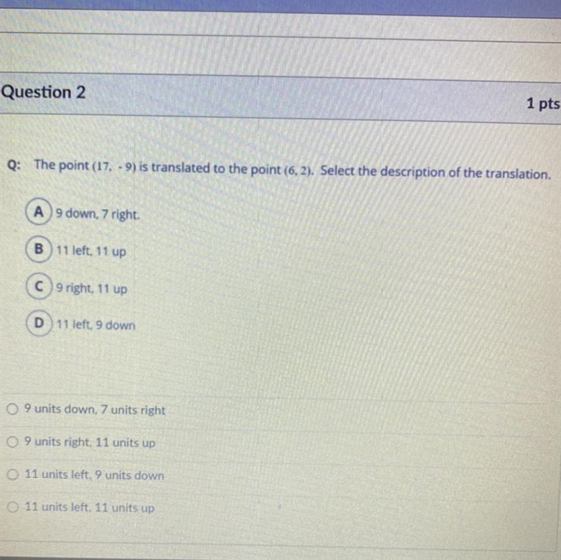 The point (17,-9) is translated to the point 6,2 . Select the description for the-example-1