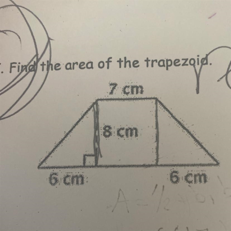 Find the area of the trapezoid 7cm 8cm 6cm 6cm-example-1