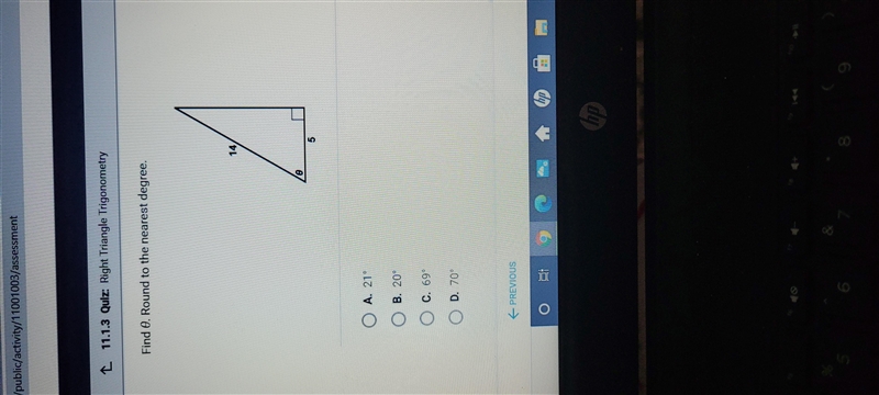 Find 0. Round to the nearest degree. A. 21° B. 20° C. 69° D. 70°-example-1