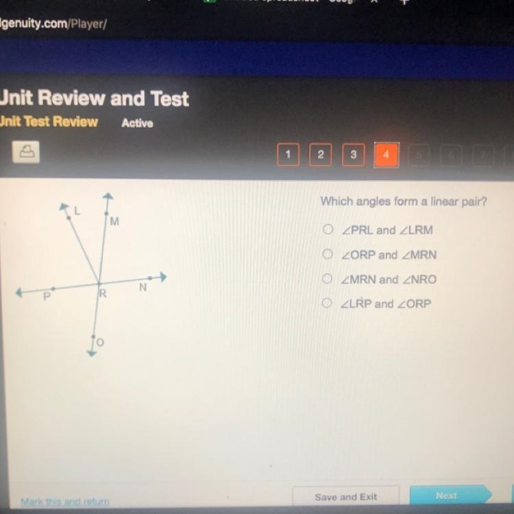 Which angles form a linear pair? A) ZPRL and XLRM B) ZORP and ZMRN C) ZMRN and ZNRO-example-1