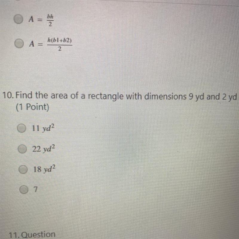 Find the area of a rectangular with dimensions of 9yd and 2yd-example-1