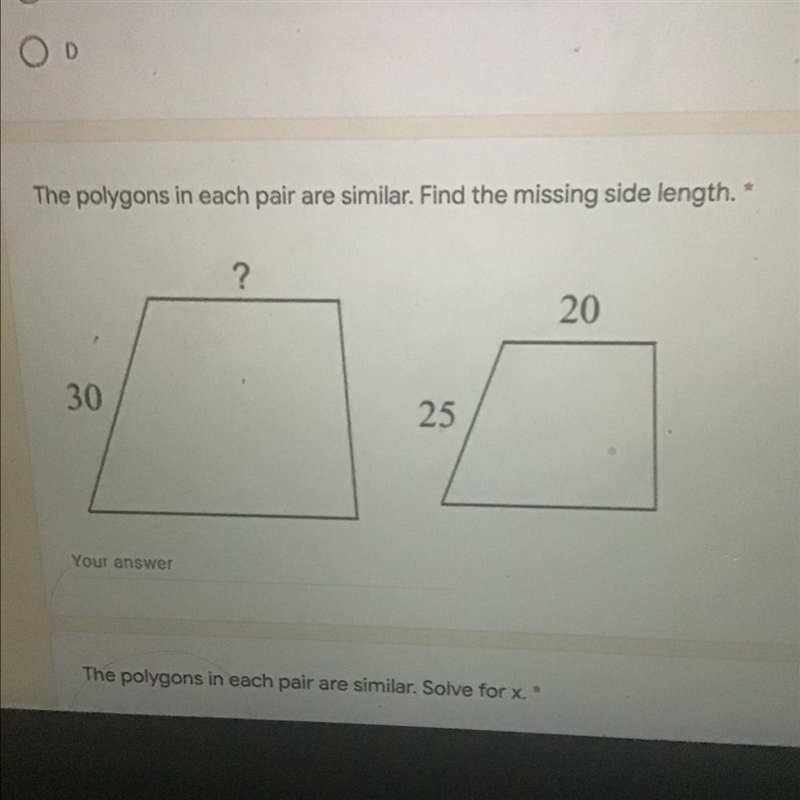 Easy question! The polygons in each pair are similar. Find the missing side length-example-1