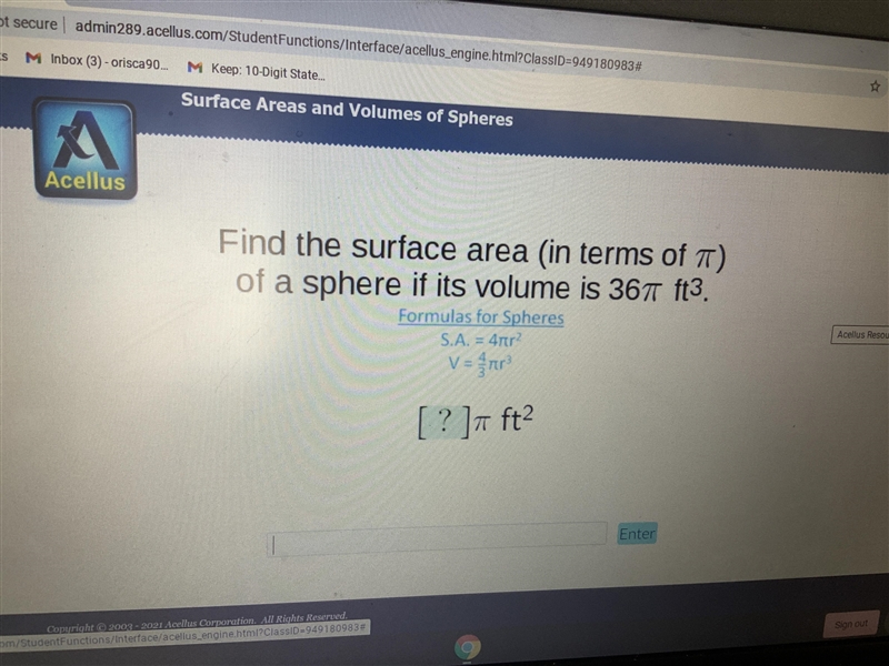 Please tell me the surface area of a circle with a volume of 36 and please provide-example-1