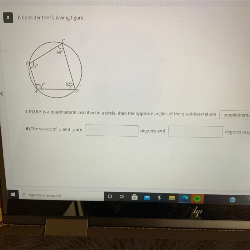 Can someone help me find the values of x and y for this quadrilateral?-example-1