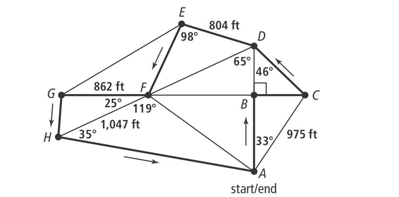 How far is the portion of her route from D to F? Round to the nearest whole number-example-1