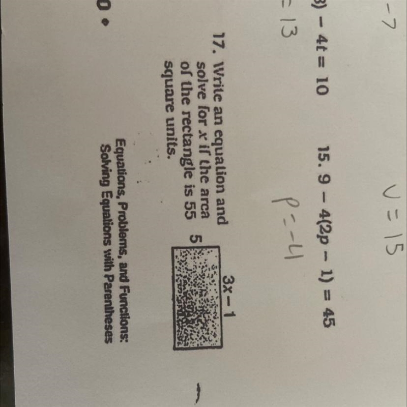 3x-1. 5 Write an equalion and solve for x if the arca of the rectangle is 55 square-example-1