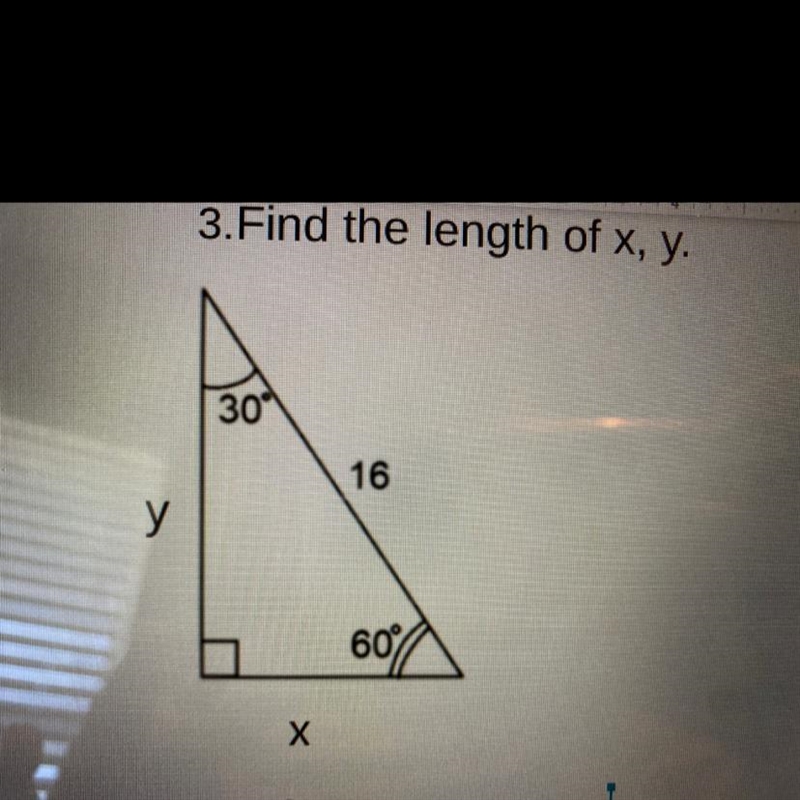 Find the length of x, y. 30° 16 у 60% X-example-1