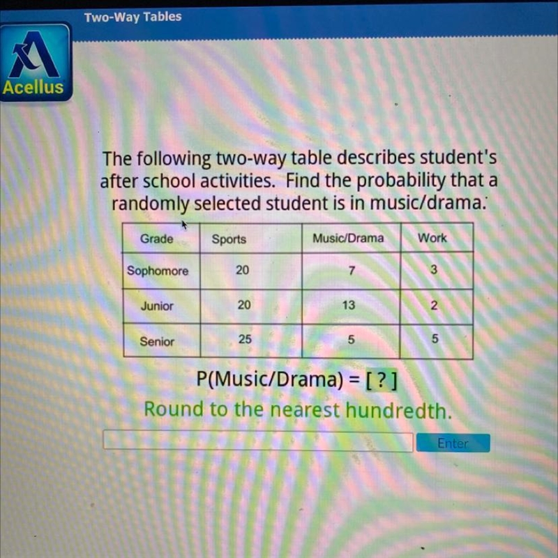 The following two-way table describes student's after school activities. Find the-example-1