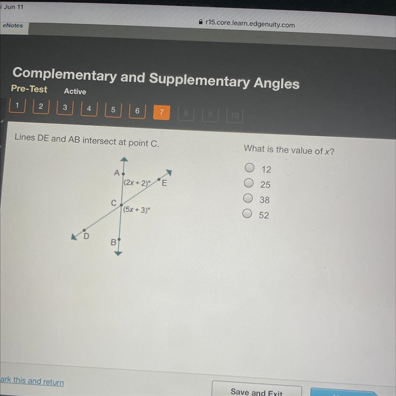 Lines DE and AB intersect at point C. What is the value of x?-example-1