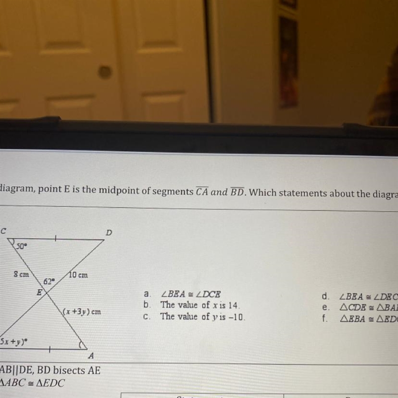 Point e is the midpoint of ca and bd. which statements about the diagram are true-example-1